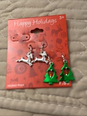 Holiday Tree and Reindeer Earring Set - Green & Silver